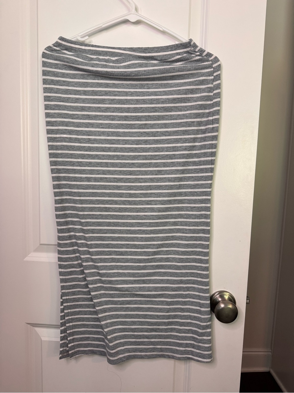 SHEIN Gray and White Striped Knit Midi Skirt